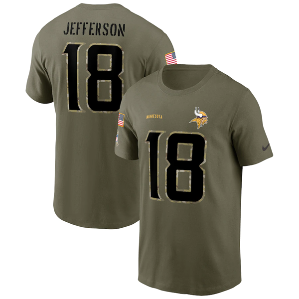 Men's Minnesota Vikings #18 Justin Jefferson 2022 Olive Salute to Service T-Shirt